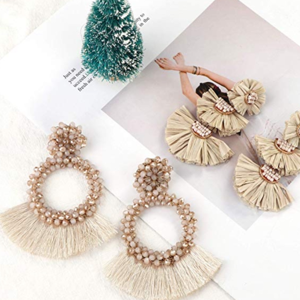 2 Pairs Beaded Statement Tassel Earrings
